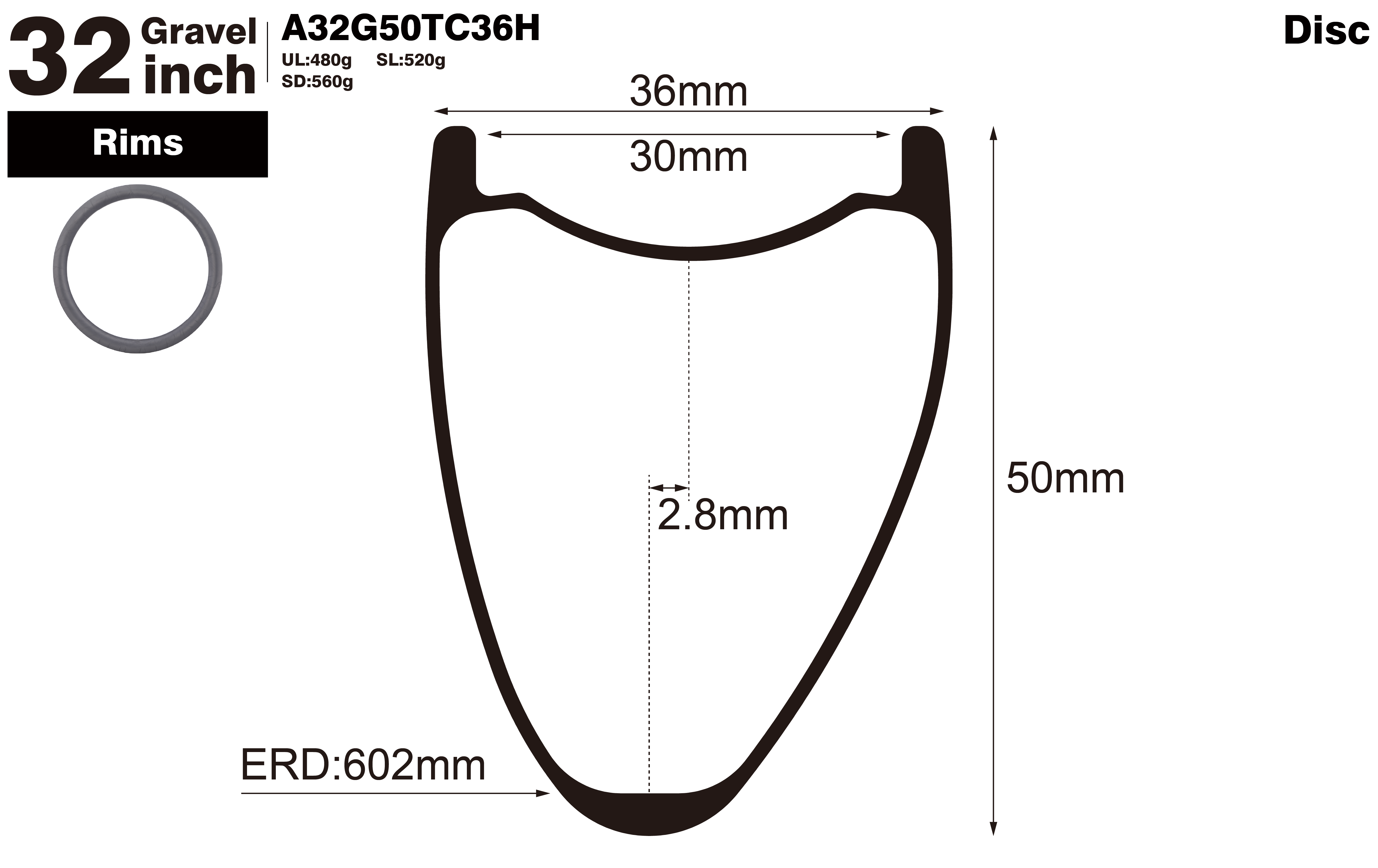32 inch-I30-D50-asymmetric-road-bike-hookless-gravel-carbon-rims-profile-drawing